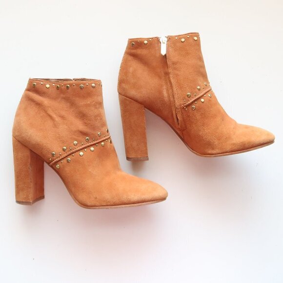 Sam Edelman Tan Suede Leather Round Toe Block Heel Studded Ankle Boots Booties - Picture 11 of 16